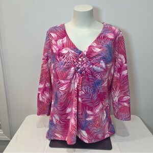 Women’s Caribbean Joe Pink Tropical 3/4 Sleeve Shirt